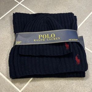 Polo Ralph Lauren Cable Knit Winter Hat and Scarf set navy blue lambs wool